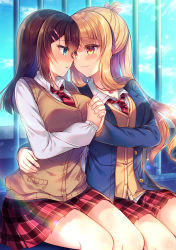 Rule 34 | 2girls, black hair, blazer, blonde hair, blue jacket, blush, brown cardigan, cardigan, cardigan vest, closed mouth, collared shirt, commentary request, day, diagonal-striped clothes, diagonal-striped necktie, dress shirt, eye contact, green eyes, hair ornament, hairclip, highres, holding hands, interlocked fingers, jacket, long hair, looking at another, multiple girls, necktie, nose blush, open clothes, open jacket, original, parted lips, plaid, plaid skirt, pleated skirt, red eyes, red necktie, red skirt, shirt, skirt, smile, striped clothes, suzunone rena, very long hair, white shirt, yuri