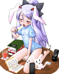 Rule 34 | 1girl, alternate costume, alternate hairstyle, animal ears, barefoot, blush, book, rabbit, rabbit ears, contemporary, digital media player, female focus, food, full body, ipod, ironsoldier, long hair, ponytail, popsicle, purple hair, reisen udongein inaba, sexually suggestive, solo, sweat, touhou, white background