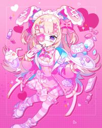 Rule 34 | 1girl, animal ears, blonde hair, bow, candy, chocolate, dress, eating, eyepatch, fake animal ears, food, full body, hair bow, highres, original, pink background, pink bow, pink dress, pink eyes, rabbit ears, saijo1201, striped clothes, striped thighhighs, thighhighs, white chocolate