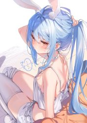 Rule 34 | 1girl, animal ear fluff, animal ears, blue hair, blush, breasts, highres, holding, holding own hair, hololive, long hair, looking at viewer, ponytail, rabbit ears, shorts, shuri (84k), small breasts, solo, thick eyebrows, thighhighs, thighs, usada pekora, virtual youtuber, white shorts