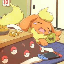 Rule 34 | basket, blush stickers, calendar (object), commentary request, creatures (company), drooling, closed eyes, flareon, game freak, gen 1 pokemon, highres, indoors, lying, mouth drool, nintendo, nintendo switch, no humans, on stomach, open mouth, poke ball print, pokemon, pokemon (creature), sleeping, solo, tongue, yoshio (yoshi00000091)