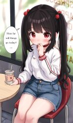 Rule 34 | 1girl, black hair, blue shorts, blush, breasts, choker, closed mouth, coffee cup, commentary, comodomodo, cup, denim, denim shorts, disposable cup, english commentary, english text, feet out of frame, hair bobbles, hair ornament, highres, long sleeves, looking at viewer, lulla (comodomodo), original, puffy long sleeves, puffy sleeves, red choker, red eyes, shirt, short shorts, shorts, sitting, small breasts, solo, thought bubble, twintails, white shirt