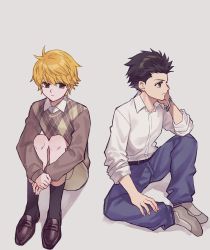 Rule 34 | 2boys, black hair, blonde hair, bracelet, brown eyes, ging freecss, highres, hugging own legs, hunter x hunter, jewelry, male focus, multiple boys, pariston hill, shorts, sitting, sleeves rolled up, sss14sana, sweater, aged down