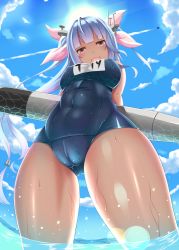 Rule 34 | 10s, 1girl, :d, aircraft, airplane, arms behind back, blue hair, breasts, cameltoe, covered navel, day, covered erect nipples, female focus, from below, highres, i-19 (kancolle), kantai collection, large breasts, lens flare, long hair, looking down, one-piece swimsuit, open mouth, school swimsuit, sky, smile, solo, sun, swimsuit, thighs, torpedo, twintails, wading, water, wet, zukky