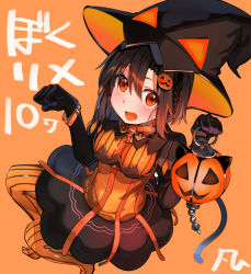 Rule 34 | 1girl, black gloves, black hat, blush, bokutachi no remake, braid, breasts, commentary request, food-themed hair ornament, gloves, hair between eyes, hair ornament, halloween, halloween costume, hat, highres, jack-o&#039;-lantern, looking at viewer, medium breasts, open mouth, orange background, orange hat, pantyhose, paw pose, pumpkin, pumpkin hair ornament, shino aki, shiny clothes, short hair, side braid, solo, striped clothes, striped legwear, striped pantyhose, tail, two-tone headwear, vertical-striped clothes, vertical-striped pantyhose, witch hat, yanngoto
