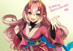Rule 34 | 1girl, absurdres, ayame (3103942), blush, breasts, clenched hand, commentary, commission, cross, cross necklace, english commentary, eyeshadow, fang, hair behind ear, highres, horns, indie virtual youtuber, japanese clothes, jewelry, kimono, long hair, makeup, medium breasts, necklace, obi, oni, oni horns, oninosuzu rin, open hand, open mouth, pink eyeshadow, pink hair, pointy ears, sash, second-party source, skeb commission, smile, solo, virtual youtuber, yellow eyes