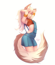 Rule 34 | 1girl, animal ears, armpits, blonde hair, blue eyes, fox ears, fox tail, hands up, heterochromia, highres, long hair, looking at viewer, losse (personal ami), orange eyes, original, overall skirt, parted lips, personal ami, signature, simple background, smile, solo, standing, tail, white background