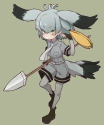 Rule 34 | 10s, 1girl, :/, bad id, bad pixiv id, belt, bird tail, black gloves, blonde hair, bodystocking, breast pocket, fingerless gloves, full body, gloves, green background, green eyes, grey hair, grey shirt, grey shorts, hair between eyes, hand up, kemono friends, looking at viewer, low ponytail, multicolored hair, necktie, pocket, polearm, ringed eyes, serious, shirt, shoebill (kemono friends), shorts, side ponytail, simple background, solo, spear, tail, teranekosu, weapon, white necktie