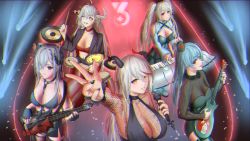 Rule 34 | 5girls, absurdres, aegir (azur lane), alternate costume, anchorage (azur lane), asymmetrical horns, august von parseval (azur lane), azur lane, bare shoulders, black gloves, black horns, black jacket, black nails, blue hair, bodysuit, breasts, center opening, chromatic aberration, cleavage, clothing cutout, commentary, curled horns, demon horns, dress, drum, drum set, electric guitar, english commentary, fingerless gloves, fishnet bodysuit, fishnets, from above, gloves, grey hair, guitar, hair over one eye, hakuryuu (azur lane), highres, holding, holding instrument, holding microphone, horns, instrument, jacket, large breasts, long hair, looking at viewer, mechanical horns, medium breasts, microphone, mismatched horns, multicolored hair, multiple girls, nail polish, piano, red eyes, red hair, red horns, saure teigtasche, see-through, shoulder cutout, streaked hair, tongue, tongue out, twintails, two-tone hair, white dress, white eyes, white hair, white horns, yellow eyes