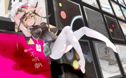 Rule 34 | 1girl, armpits, arms up, black shirt, blonde hair, breasts, closed mouth, commentary request, cookie (touhou), fairyfloss, full body, fumei (cookie), hair between eyes, hat, holding, holding pen, lanyard, leggings, looking at viewer, maribel hearn, medium breasts, mob cap, no shoes, painting (object), pen, shirt, short hair, solo, touhou, white hat, white leggings