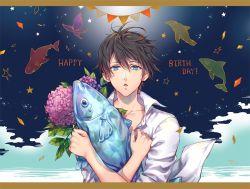 Rule 34 | 10s, bad id, bad pixiv id, bird, blue eyes, brown hair, bug, butterfly, crossed arms, dolphin, doro (sabarudoro), fish, flower, free!, happy birthday, insect, looking at viewer, male focus, nanase haruka (free!), penguin, shark, shirt, solo, star (symbol), unbuttoned, upper body, white shirt, wind