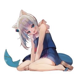 Rule 34 | 1girl, animal ears, blue eyes, blue hair, cat ears, fins, fish tail, gawr gura, gawr gura (casual), highres, hololive, hololive english, looking at viewer, multicolored hair, official alternate costume, open mouth, overalls, shark tail, sharp teeth, side ponytail, silver hair, smile, solo, streaked hair, sue (bg-bros), tail, teeth, virtual youtuber