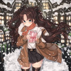 Rule 34 | 1girl, absurdres, black hair, black skirt, black thighhighs, blue eyes, blush, brown jacket, commentary, english commentary, fate/stay night, fate (series), gift, hair ribbon, highres, holding, holding gift, house, jacket, kanniiepan, long hair, looking at viewer, outdoors, parted bangs, pleated skirt, red scarf, ribbon, scarf, shirt, skirt, snow, solo, standing, thighhighs, tohsaka rin, two side up, white shirt, window