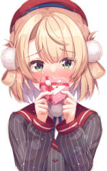 Rule 34 | 1girl, blush, box, commentary request, covering own mouth, gift, gift box, green eyes, hair ornament, hat, heart-shaped box, highres, holding, holding box, indie virtual youtuber, long hair, long sleeves, pom pom (clothes), pom pom hair ornament, red hat, shigure ui (vtuber), shigure ui (vtuber) (1st costume), shirt, short hair, simple background, solo, striped clothes, striped shirt, suicabar72, vertical-striped clothes, vertical-striped shirt, virtual youtuber, white background