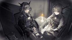 Rule 34 | 2girls, alina (arknights), arknights, artist request, ascot, black neckwear, blouse, buttons, candle, chair, closed mouth, double-breasted, dragon horns, epaulettes, female focus, game cg, grey hair, grey jacket, grey theme, hands on lap, horns, indoors, jacket, long hair, long sleeves, military jacket, multiple girls, neckerchief, official art, sewing, shirt, sitting, smile, talulah (arknights), talulah the fighter (arknights), white shirt