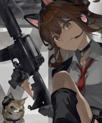 Rule 34 | 1girl, :q, animal ear headphones, animal ears, assault rifle, bawa (thankyousushi), belt, black collar, black gloves, black jacket, black socks, breasts, brown eyes, brown hair, cat, cat ear headphones, collar, collared shirt, fake animal ears, gloves, gun, hair between eyes, half gloves, hayasaka mei, headphones, headset, highres, holding, holding weapon, idoly pride, indoors, jacket, knee up, kneehighs, long hair, long sleeves, looking at viewer, loose socks, m4 carbine, medium breasts, microphone, necktie, open clothes, open jacket, red necktie, rifle, shirt, sidelocks, socks, solo, tongue, tongue out, upper body, v-shaped eyebrows, weapon, white shirt, wing collar