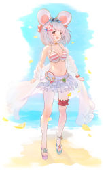 Rule 34 | 1girl, :d, animal ears, anklet, bikini, bikini skirt, blunt bangs, breasts, bridal garter, choker, cleavage, collarbone, commentary request, fake animal ears, fishofthelakes, flower, frilled choker, frilled skirt, frills, front-tie top, full body, granblue fantasy, hair flower, hair ornament, heart, highres, jacket, jewelry, looking at viewer, medium hair, navel, okobo, open mouth, red eyes, red scrunchie, sand, sandals, scrunchie, see-through, see-through jacket, signature, silver hair, skirt, small breasts, smile, solo, standing, star (symbol), striped bikini, striped clothes, swimsuit, vikala (blooming summer wallflower) (granblue fantasy), vikala (granblue fantasy), white background, wrist scrunchie