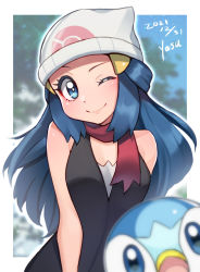 Rule 34 | 1girl, black shirt, blue eyes, blurry, blush, border, closed mouth, commentary request, creatures (company), dated, dawn (pokemon), game freak, gen 4 pokemon, hair ornament, hairclip, long hair, looking at viewer, nintendo, one eye closed, piplup, pokemon, pokemon (anime), pokemon (creature), pokemon dppt (anime), red scarf, scarf, shirt, sidelocks, signature, sleeveless, sleeveless shirt, smile, white border, yasu suupatenin