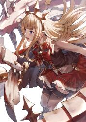 Rule 34 | 1girl, black thighhighs, blonde hair, book, bow, cagliostro (granblue fantasy), dragon, dress, fagi (kakikaki), granblue fantasy, highres, holding, holding book, long hair, midair, monster, open book, open mouth, purple eyes, red bow, red dress, sidelocks, simple background, sleeveless, smile, solo, teeth, thighhighs, tongue, upper teeth only, white background
