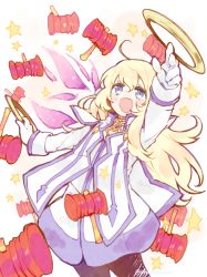 Rule 34 | 1girl, blonde hair, blue eyes, blush, capelet, colette brunel, dress, gloves, long hair, open mouth, pantyhose, star (symbol), tales of (series), tales of symphonia, weapon, white gloves, wings