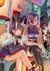 Rule 34 | 2girls, absurdres, black legwear, blouse, bob cut, breasts, contemporary, eyeliner, fate/grand order, fate (series), headpiece, highres, horns, jewelry, large breasts, long hair, looking at viewer, makeup, mask, mask around neck, minamoto no raikou (fate), multiple girls, nail polish, necklace, oni, open mouth, parted bangs, purple eyes, purple hair, purple shirt, shirt, short eyebrows, short hair, shuten douji (fate), sitting, skin-covered horns, small breasts, smile, snarkhunt, thighhighs, toenail polish, toenails, very long hair