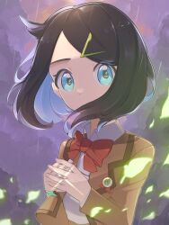 Rule 34 | 1girl, aqua eyes, black hair, bow, bowtie, brown jacket, collared shirt, commentary request, creatures (company), falling leaves, game freak, hair ornament, hairclip, highres, jacket, leaf, liko (pokemon), long sleeves, looking at viewer, medium hair, nintendo, open clothes, open jacket, outdoors, pokemon, pokemon (anime), pokemon horizons, rain, red bow, red bowtie, school uniform, shirt, solo, tonbo (tonbo63194), upper body, white shirt