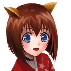 Rule 34 | 1girl, animal ears, blue eyes, bob cut, brown hair, choker, floral print, fox ears, japanese clothes, kimono, lowres, oekaki, open mouth, short hair, simple background, smile, solo, tactics, white background, youko (tactics)