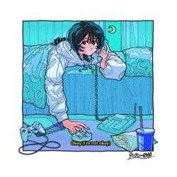 Rule 34 | 1990s (style), 1girl, ashtray, bag of chips, black eyes, black hair, blanket, bright pupils, chips (food), cigarette, corded phone, crescent moon, cup, curtains, disposable cup, drinking straw, food, highres, holding, holding cigarette, holding phone, hood, hood down, hoodie, long hair, long sleeves, moon, on bed, original, phone, pillow, playstation controller, retro artstyle, solo, subtitled, under covers, white hoodie, white pupils, yosh1to
