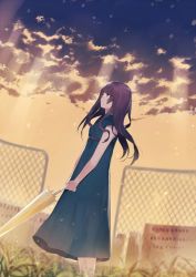 Rule 34 | 1girl, achiki, bad id, bad twitter id, blue dress, blue eyes, brown hair, chain-link fence, closed mouth, cloud, cloudy sky, dress, dutch angle, evening, fence, from side, grass, holding, holding umbrella, light rays, long hair, looking up, orange sky, original, sky, solo, standing, sunbeam, sunlight, umbrella