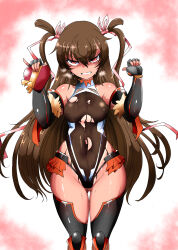 Rule 34 | 1girl, blush, bodypaint, breasts, chocolate, chocolate on body, closed eyes, covered navel, curvy, dark skin, disgust, embarrassed, fingernails, food on body, gift, hair ribbon, highres, holding, holding gift, impossible clothes, impossible leotard, leotard, long hair, long twintails, mizuki yukikaze, one-piece tan, ribbon, shiny skin, simple background, skirt, small breasts, solo, suga leon, sweat, sweatdrop, taimanin (series), taimanin yukikaze, tan, tanline, tears, twintails, valentine, very long hair, wide hips