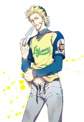 Rule 34 | 1boy, bandaid, baseball cap, baseball jersey, baseball uniform, belt, blonde hair, cowboy shot, cuts, dirty, dirty clothes, hat, highres, injury, jersey, long sleeves, looking at viewer, male focus, male underwear, mouth hold, one outs, open pants, pants, sic77, solo, spiked hair, sportswear, tokuchi toua, underwear, white pants