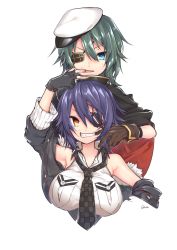 Rule 34 | 2girls, absurdres, aqua eyes, arm up, black cape, breast pocket, breasts, cape, checkered clothes, checkered neckwear, commentary, eyepatch, eyes visible through hair, finger in another&#039;s mouth, gloves, green hair, grin, hair between eyes, hat, highres, kantai collection, kiso (kancolle), kusibu yt, large breasts, looking at viewer, multiple girls, necktie, open mouth, partially fingerless gloves, pocket, purple hair, red eyes, shirt, short hair, signature, sleeveless, sleeveless shirt, smile, sweatdrop, tenryuu (kancolle), unbuttoned, white shirt