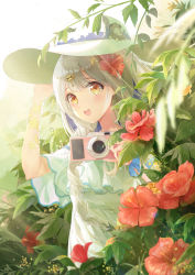 Rule 34 | 1girl, absurdres, alternate costume, blonde hair, blue dress, camera, chinese commentary, ciyana, dress, eyebrows hidden by hair, flower, forest, hair flower, hair ornament, hat, highres, holding, holding camera, holding clothes, holding hat, indie virtual youtuber, lens flare, long hair, looking at viewer, nature, open mouth, red flower, smile, solo, summer, sun hat, sunlight, virtual youtuber, white hat, yellow eyes, zhongchun ci