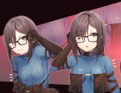 Rule 34 | 1girl, absurdres, black-framed eyewear, black dress, blue dress, blush, breasts, brown eyes, brown hair, center opening, choker, dress, earrings, fate/grand order, fate (series), glasses, highres, jewelry, layered dress, long hair, long sleeves, looking at viewer, multiple earrings, multiple views, open mouth, ribbed dress, ribbon-trimmed dress, strapless, strapless dress, very long hair, yu mei-ren (fate), yu mei-ren (first ascension) (fate), yufou