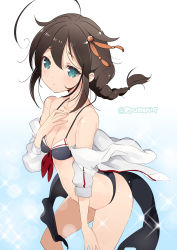 Rule 34 | 10s, 1girl, adapted costume, ahoge, arched back, bare shoulders, bikini, black hair, blouse, blue eyes, braid, braided ponytail, breasts, collarbone, commentary request, hair flaps, hair ornament, hair ribbon, hand on own chest, highres, kantai collection, long hair, naitou ryuu, off shoulder, ribbon, sarong, shigure (kancolle), shigure kai ni (kancolle), shirt, single braid, small breasts, solo, standing, swimsuit, twitter username, white shirt