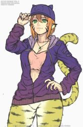 Rule 34 | 1girl, animal ears, breasts, breath of fire, breath of fire ii, cat ears, cat tail, closed mouth, facial mark, furry, furry female, gofelem, green eyes, hat, jewelry, looking at viewer, necklace, no pants, orange hair, pointy ears, rinpoo chuan, short hair, simple background, smile, solo, tail, white background