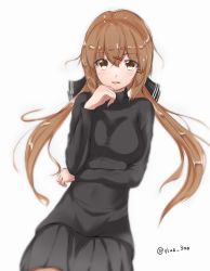 Rule 34 | 1girl, black bow, black skirt, black sweater, blush, bow, breasts, brown eyes, brown hair, brown legwear, hair between eyes, hair bow, hair ornament, hairclip, highres, kantai collection, large breasts, long hair, long sleeves, low twintails, one-hour drawing challenge, open mouth, saplus, simple background, skirt, solo, sweater, tashkent (kancolle), twintails, white background