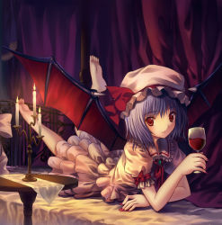 Rule 34 | 1girl, barefoot, bat wings, bed, blue hair, candelabra, candle, candlestand, cup, drinking glass, feet, female focus, fingernails, hat, kitiroku, legs up, long fingernails, looking at viewer, lying, nail, nail polish, on stomach, red eyes, red nails, remilia scarlet, short hair, smile, solo, touhou, vampire, wine glass, wings