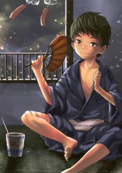 Rule 34 | 1boy, b gent, barefoot, brown eyes, brown hair, child, hand fan, feet, indoors, japanese clothes, looking at viewer, male focus, original, short hair, sitting, solo, toes