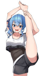 Rule 34 | 1girl, arms up, bare legs, barefoot, black shorts, blue ribbon, blush, character name, collarbone, covered navel, cropped shirt, embarrassed, eru (l illust45), feet, hair between eyes, hair ribbon, highres, holding own foot, holding own leg, hololive, hololive dance practice uniform, hoshimachi suisei, leg up, legs, looking at viewer, official alternate costume, open mouth, ribbon, shirt, short shorts, shorts, side ponytail, sidelocks, simple background, solo, split, standing, standing on one leg, standing split, sweatdrop, toe scrunch, toenails, toes, virtual youtuber, white background, white shirt