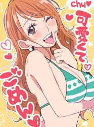 Rule 34 | 1girl, arm under breasts, bare shoulders, bikini, bikini top only, blush, breasts, breasts squeezed together, brown eyes, chiya op, commentary request, earrings, finger to cheek, green bikini, heart, highres, jewelry, large breasts, long hair, looking at viewer, nami (one piece), one eye closed, one piece, open mouth, orange hair, pearl earrings, smile, solo, speech bubble, star (symbol), swept bangs, swimsuit, teeth, tongue, tongue out, translation request, upper body, upper teeth only