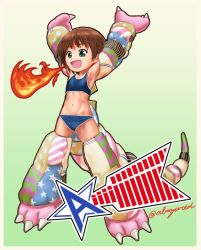 Rule 34 | 10s, 1girl, abazu-red, arms up, bikini, blue bikini, blue eyes, boots, breath weapon, breathing fire, costume, fire, flat chest, girls und panzer, highres, image sample, nose art, open mouth, sakaguchi karina, simple background, solo, star (symbol), swimsuit, twitter username