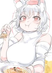 Rule 34 | 1girl, :i, :t, animal ears, bare shoulders, blush, butter, eating, food, hat, highres, inubashiri momiji, looking at viewer, pasta, plate, pom pom (clothes), spaghetti, tokin hat, touhou, wolf ears, yoyoiro (sysi20)