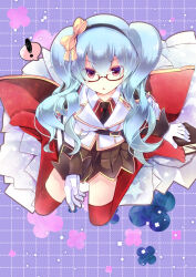 Rule 34 | !, 1girl, black hairband, black necktie, blazer, blue hair, book, bow, breasts, brown skirt, cape, collared shirt, commentary request, full body, genetic (ragnarok online), glasses, gloves, grid background, hair between eyes, hair bow, hairband, highres, jacket, long bangs, long hair, long sleeves, looking at viewer, medium breasts, miniskirt, necktie, no shoes, official alternate costume, open mouth, purple background, purple eyes, ragnarok online, red-framed eyewear, red cape, red shirt, red thighhighs, semi-rimless eyewear, shirt, siguhoi, skirt, solo, spoken exclamation mark, thighhighs, two side up, under-rim eyewear, v-shaped eyebrows, white gloves, white jacket, yellow bow