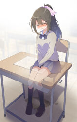 Rule 34 | 1girl, ^ ^, between legs, black bow, black bowtie, black skirt, black socks, blush, book, bow, bowtie, breasts, brown footwear, brown hair, chair, classroom, closed eyes, collared shirt, crying, desk, female focus, full body, grey sweater, hair between eyes, hair ribbon, hand between legs, have to pee, highres, indoors, kneehighs, knees together feet apart, long hair, miniskirt, nose blush, on chair, open book, open mouth, original, own hands together, pee, peeing, peeing self, pink ribbon, pleated skirt, ponytail, puddle, raised eyebrows, ribbon, school chair, school desk, school uniform, shiny skin, shirt, shoes, sidelocks, sitting, skirt, small breasts, socks, solo, sweat, sweater, tears, thighs, v arms, watakarashi, wet, wet clothes, white background, white shirt, x-ray