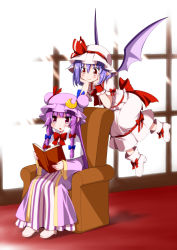 Rule 34 | 2girls, :&gt;, :o, adapted costume, ankle boots, bat wings, blush stickers, book, boots, bow, chair, crescent, dress, eichi yuu, embodiment of scarlet devil, female focus, flying, hair bow, hat, hat bow, head rest, highres, light purple hair, long hair, looking away, multiple girls, open book, patchouli knowledge, pointy ears, purple hair, reading, red carpet, red eyes, remilia scarlet, ribbon, short hair, sitting, touhou, twintails, very long hair, window, wings, wrist cuffs