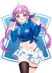 Rule 34 | 1girl, :d, ahoge, bad id, bad pixiv id, black panties, blue hair, blue nails, blue shirt, blush, braid, brown thighhighs, claw pose, collared shirt, commentary request, hair ribbon, hands up, heart, highleg, highleg panties, highres, hololive, layered skirt, long hair, long sleeves, looking at viewer, midriff, minato aqua, multicolored hair, nail polish, navel, open mouth, panties, pink hair, pleated skirt, purple eyes, purple ribbon, ribbon, sasatabekung, shirt, single thighhigh, skindentation, skirt, smile, solo, thighhighs, tied shirt, twintails, two-tone hair, underwear, very long hair, virtual youtuber, white background, white skirt