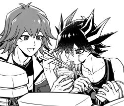 Rule 34 | 2boys, bruno (yu-gi-oh!), chopsticks, collarbone, cup ramen, facial tattoo, food, fudou yuusei, greyscale, highres, holding, holding chopsticks, holding food, holding tool, jacket, looking at another, machinery, male focus, monochrome, multiple boys, noodles, open mouth, ramen, screentones, shirt, short hair, simple background, smile, soldering iron, spiked hair, t-shirt, tank top, tattoo, tools, upper body, youko-shima, yu-gi-oh!, yu-gi-oh! 5d&#039;s