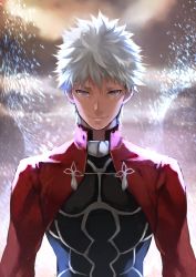 Rule 34 | 1boy, archer (fate), brown sky, closed mouth, cloud, cloudy sky, dark skin, dark-skinned male, emiya shirou, fate/grand order, fate (series), highres, male focus, outdoors, purple eyes, sky, smile, solo, torn clothes, upper body, white hair, yoshio (55level)