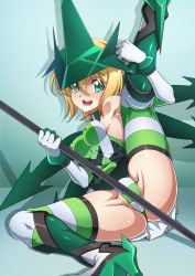 Rule 34 | 1girl, akatsuki kirika, ass, bare shoulders, blonde hair, blush, breasts, commentary request, covered erect nipples, covered navel, elbow gloves, gloves, green eyes, green theme, headgear, leg up, leotard, looking at viewer, medium breasts, open mouth, scythe, senki zesshou symphogear, shiny skin, short hair, sitting, skin tight, smile, solo, spread legs, striped clothes, striped thighhighs, syunzou, teeth, thighhighs